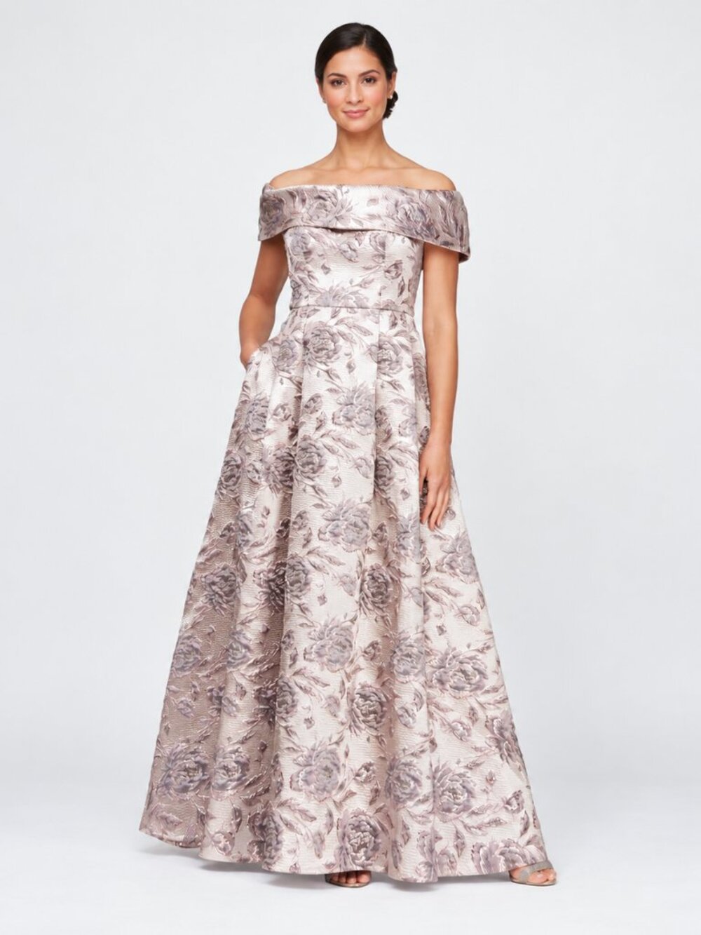 Alex Evenings Floral Jacquard Off Shoulder Formal Ball Gown Dress Size 8